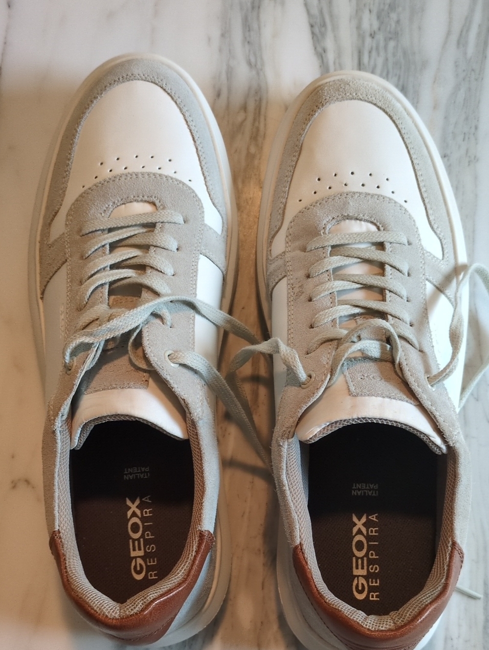 Geox Men White and Light Gray Sneakers with Brown Heel Accent Size 11